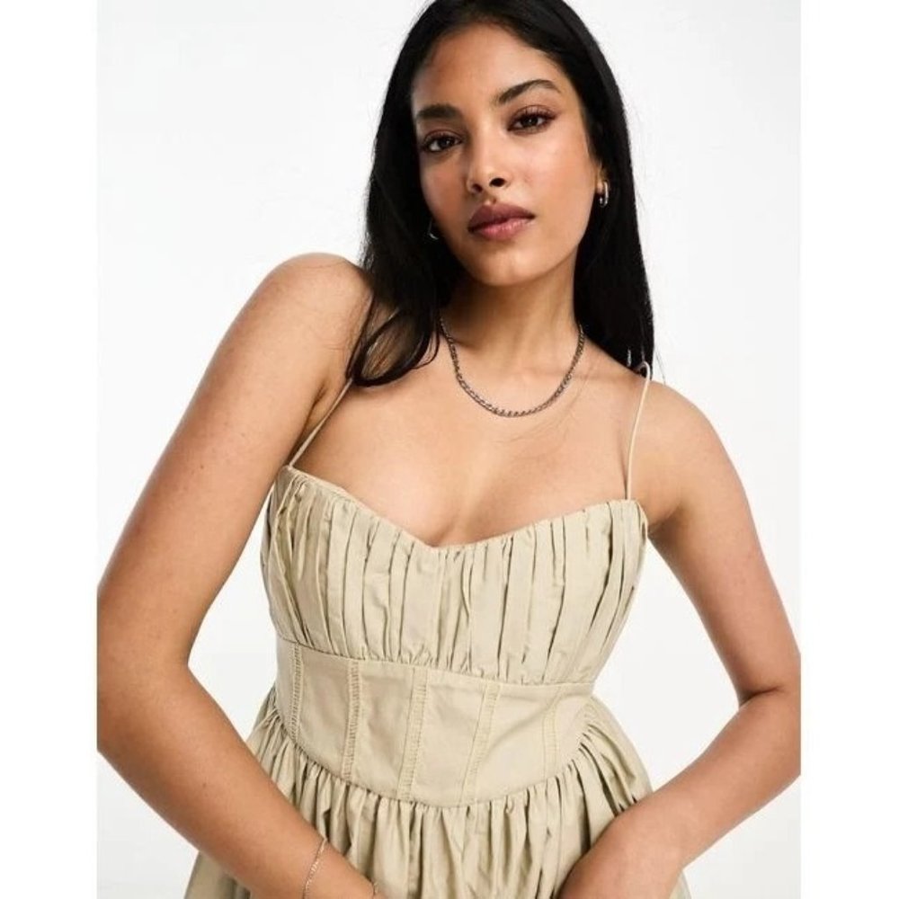 ASOS Design Women's Sz. 4 Cotton Structured Midi Dress Corset Detail Stone NWT - Picture 2 of 10